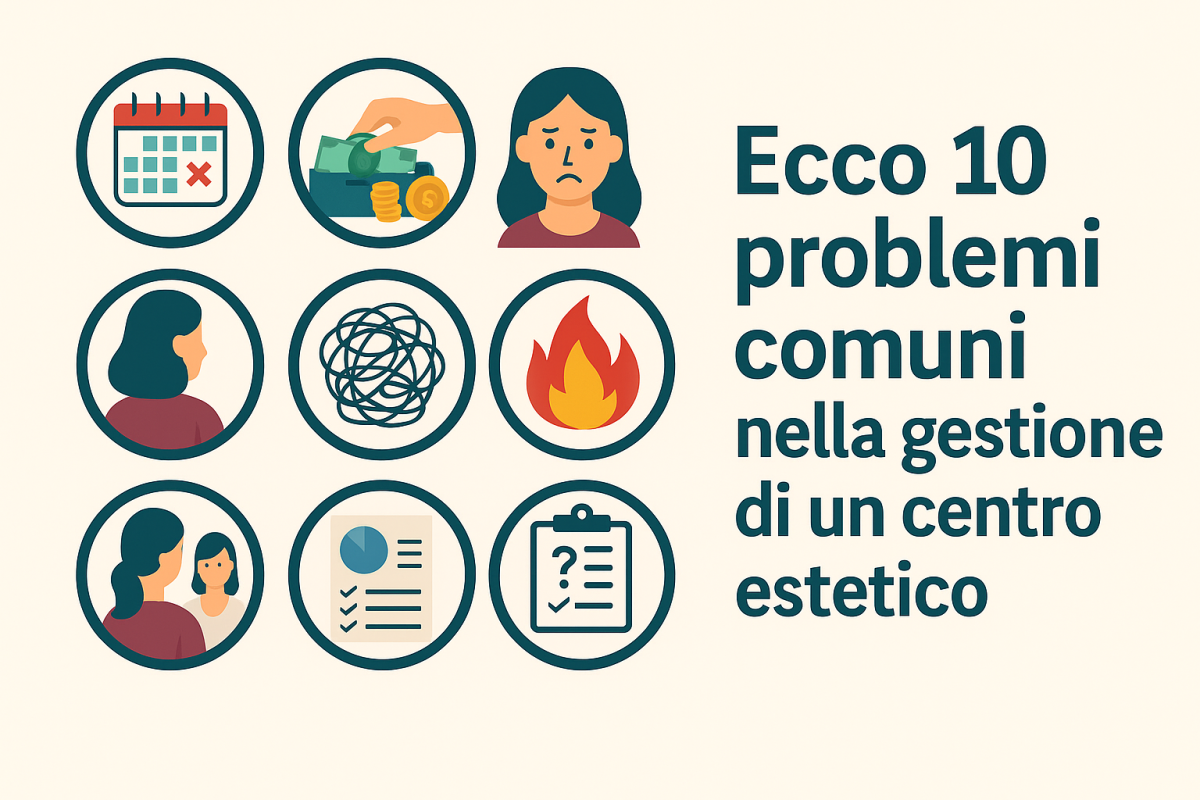 Grafica con estetista confusa circondata da documenti e icone digitali, rappresenta i problemi comuni nella gestione di un centro estetico.
