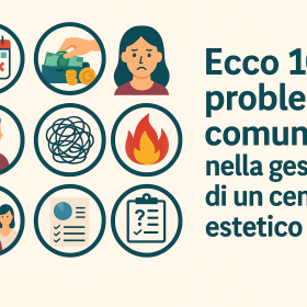 Grafica con estetista confusa circondata da documenti e icone digitali, rappresenta i problemi comuni nella gestione di un centro estetico.